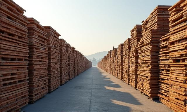 Large stacks of raw timber logs ready for export or processing.
